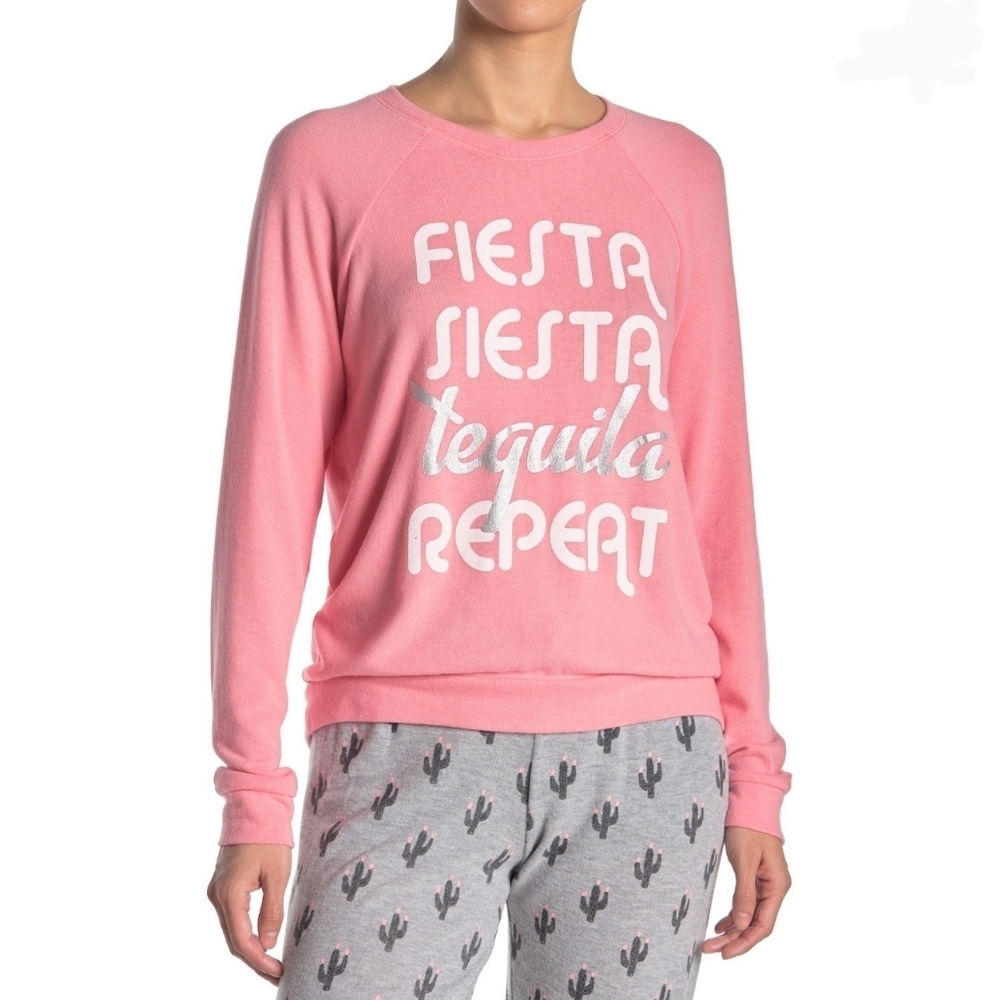 PJ Salvage Pullover Lounge Top Fiesta Siesta Tequila Long Sleeve Pink L NWT